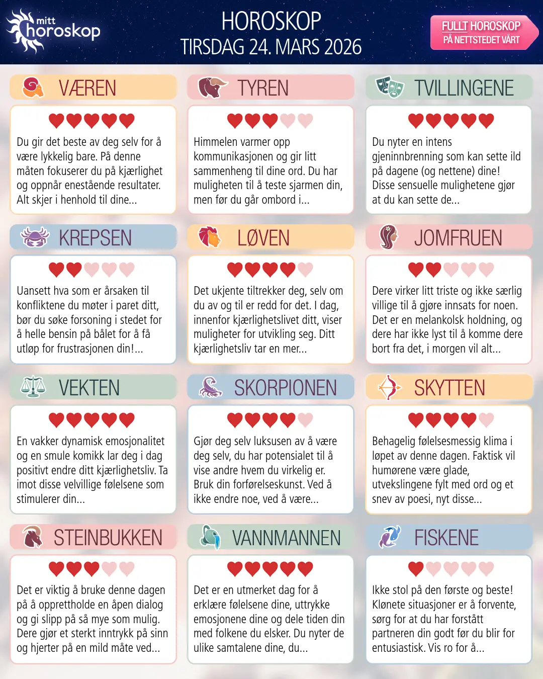 Horoskop for tirsdag 24 mars 2026