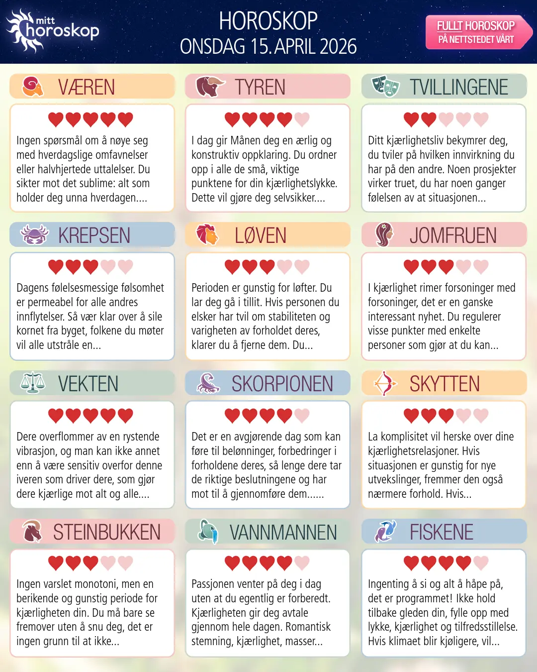 Horoskop for onsdag 15 april 2026
