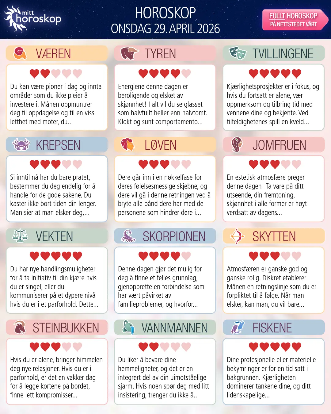 Horoskop for onsdag 29 april 2026
