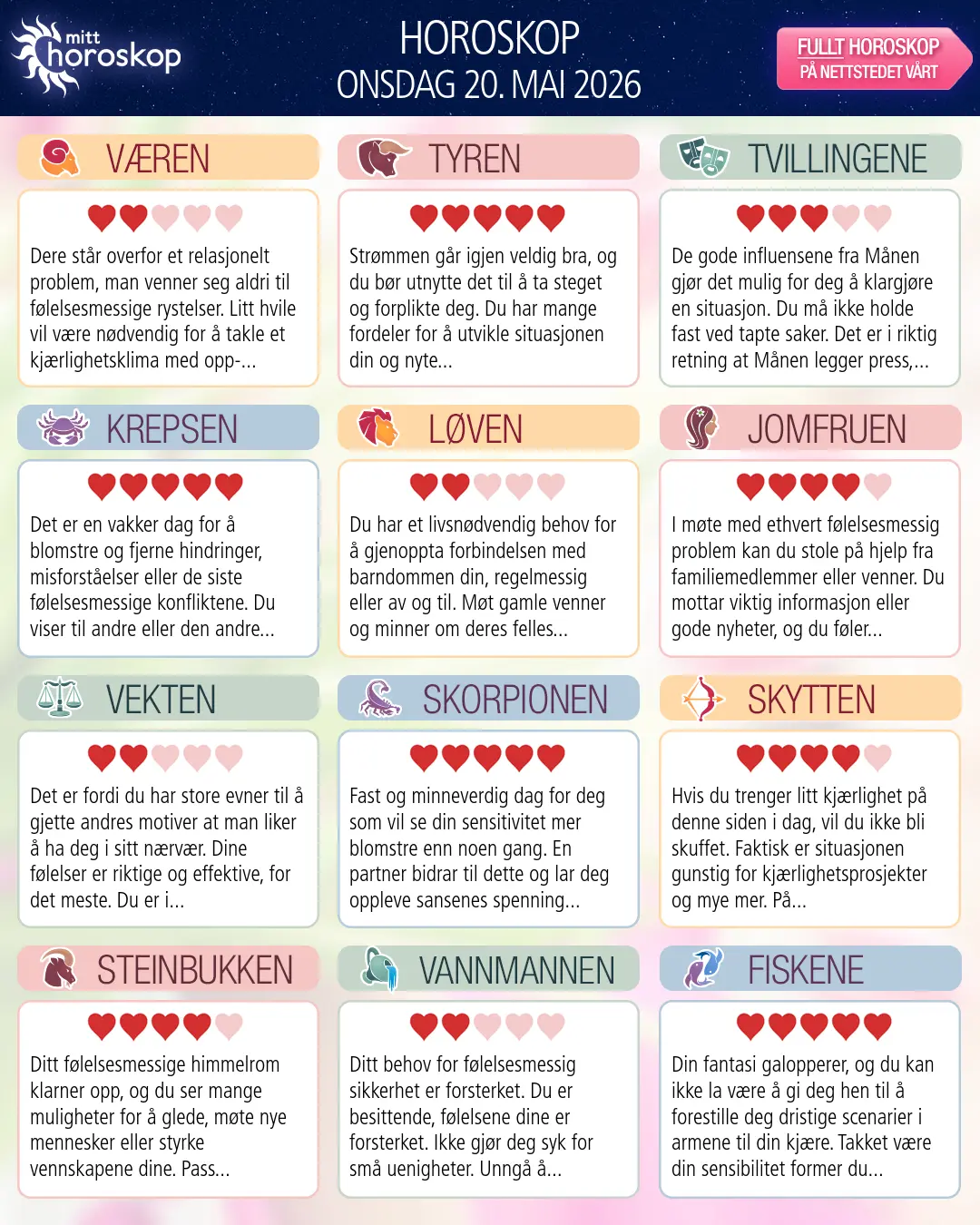 Horoskop for onsdag 20 mai 2026