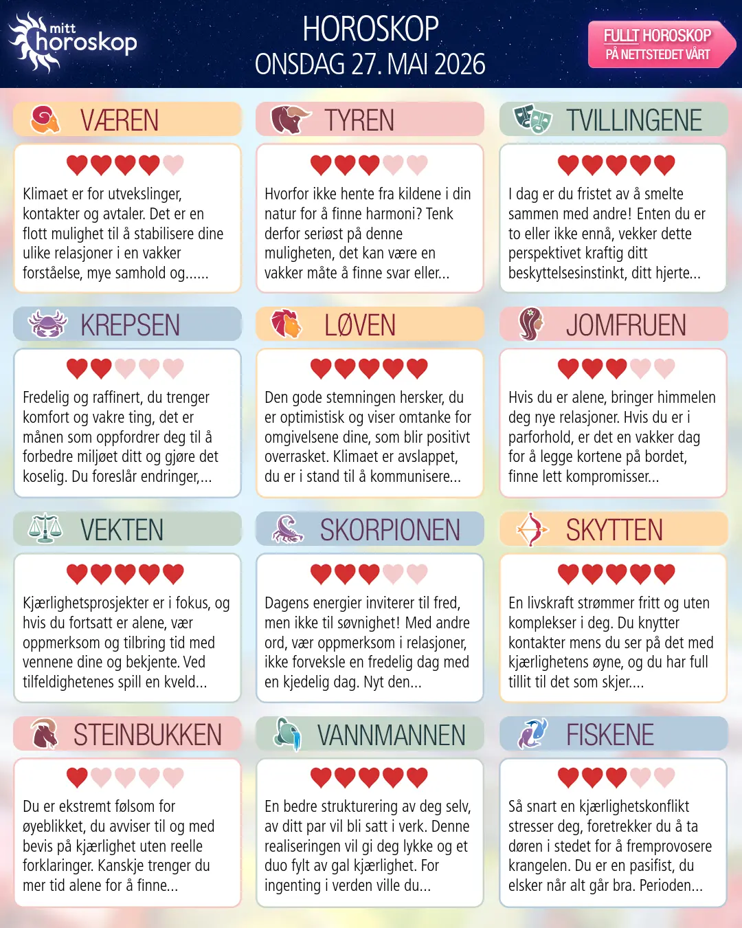 Horoskop for onsdag 27 mai 2026
