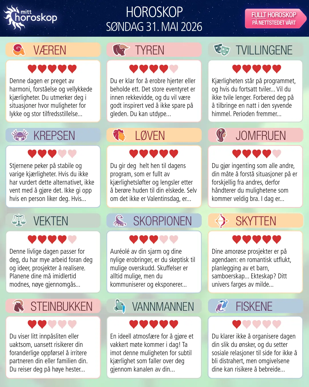 Horoskop for søndag 31 mai 2026