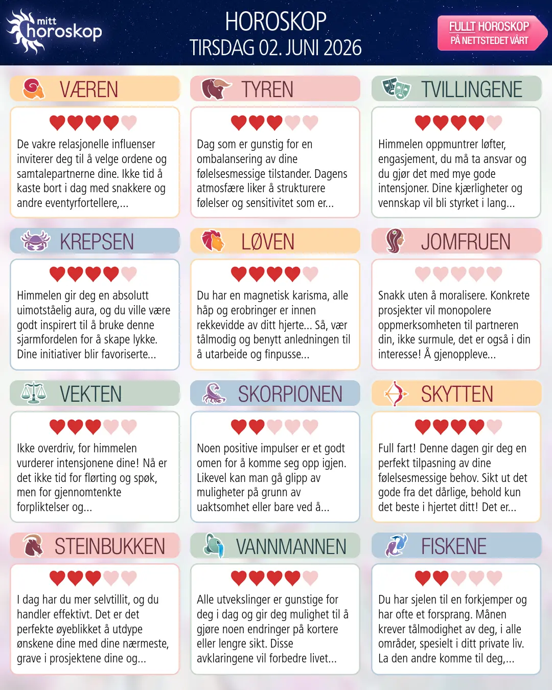 Horoskop for tirsdag 2 juni 2026