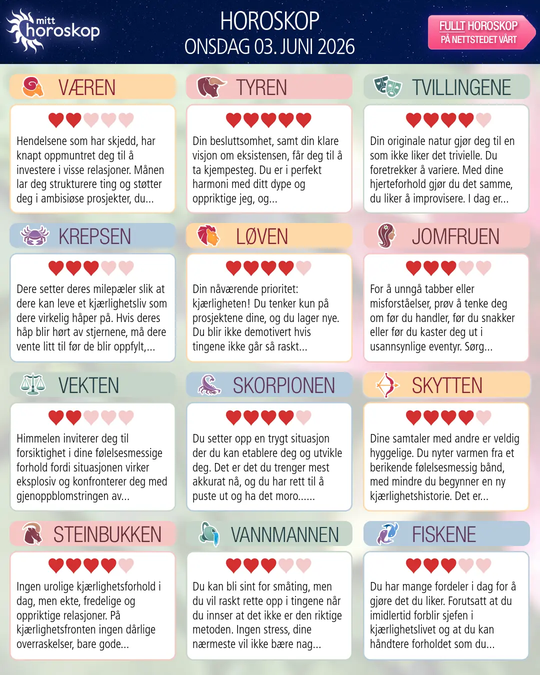 Horoskop for onsdag 3 juni 2026