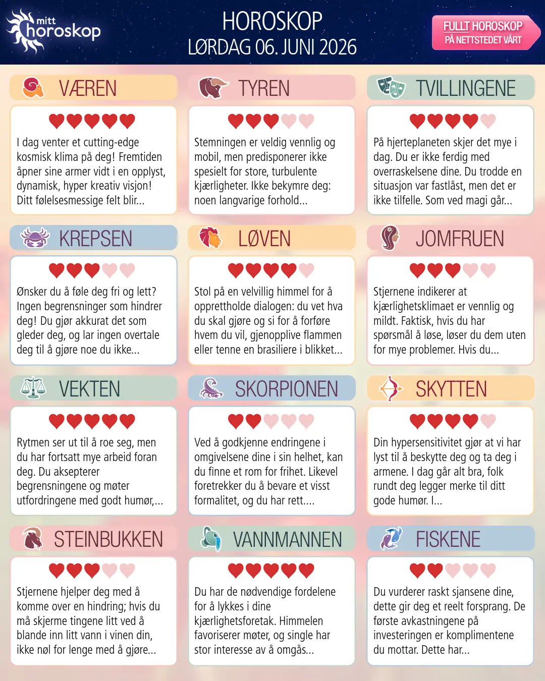 Horoskop for lørdag 6 juni 2026