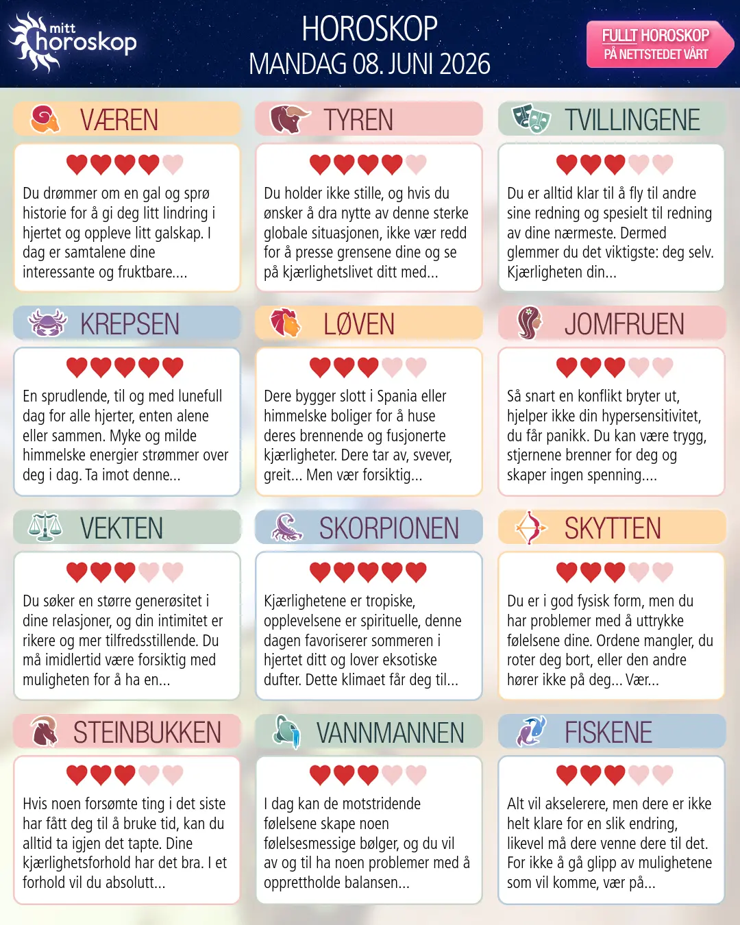 Horoskop for mandag 8 juni 2026