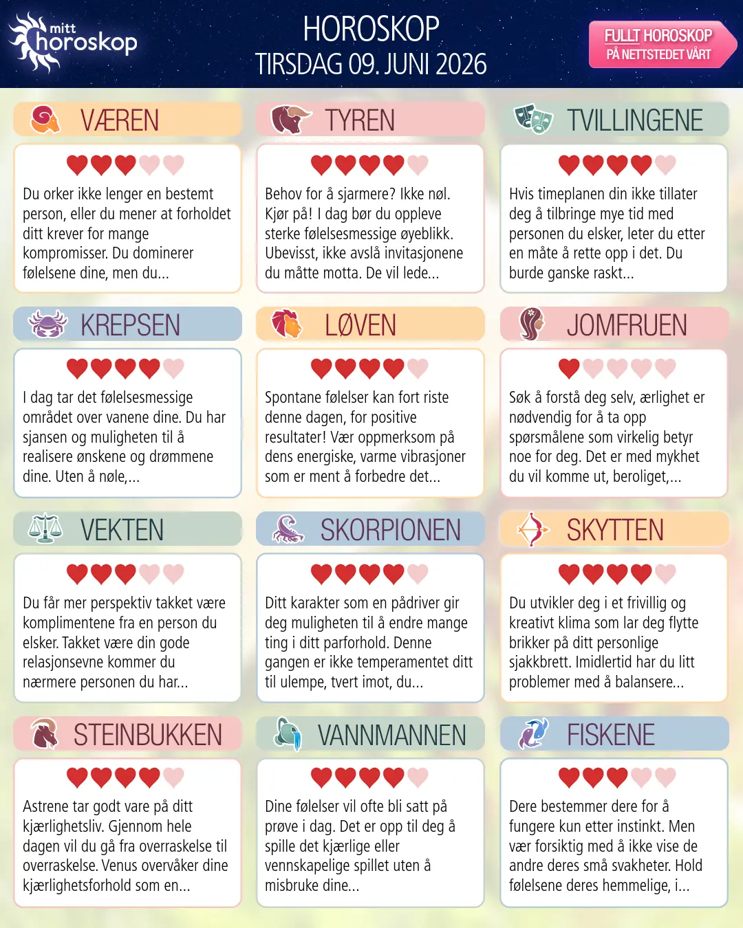 Horoskop for tirsdag 9 juni 2026