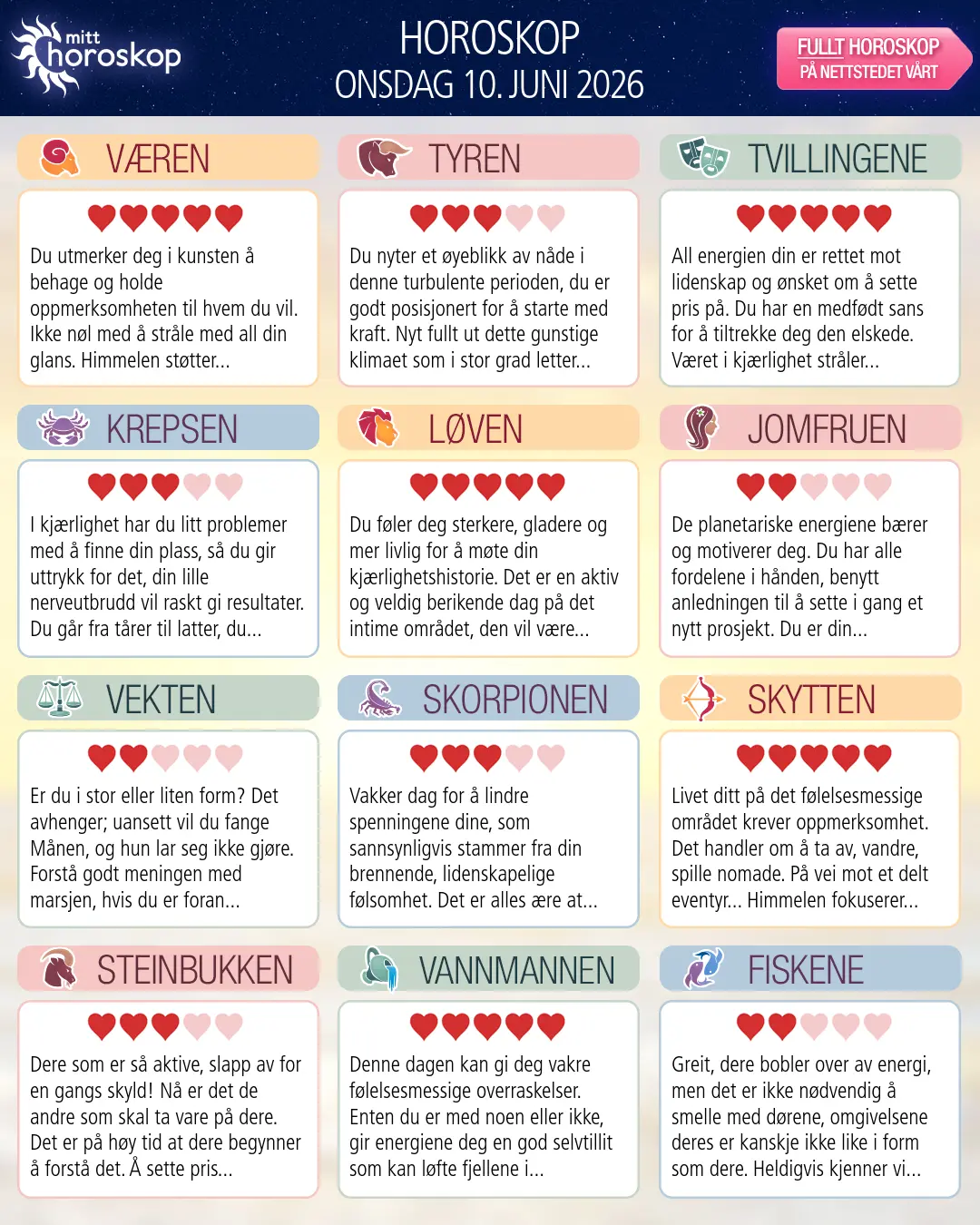 Horoskop for onsdag 10 juni 2026