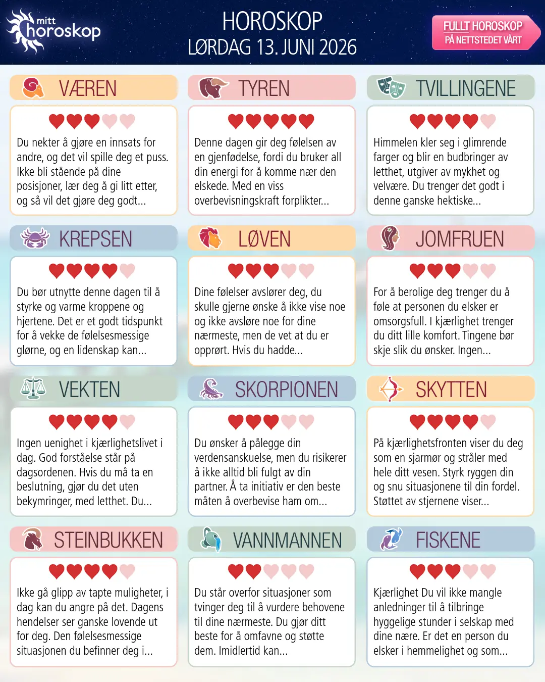 Horoskop for lørdag 13 juni 2026