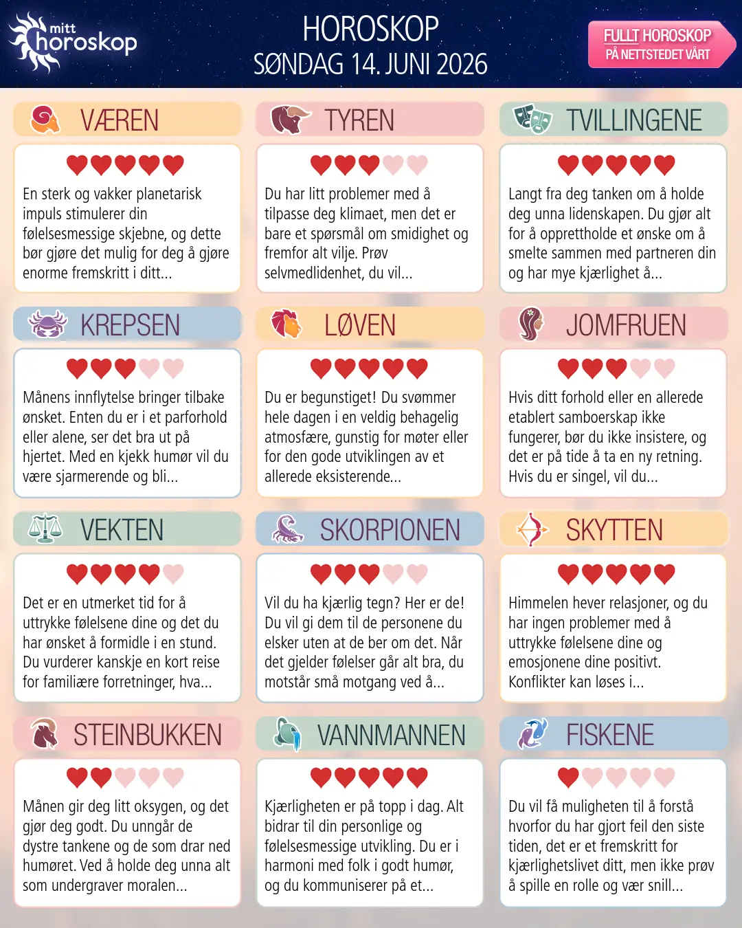 Horoskop for søndag 14 juni 2026