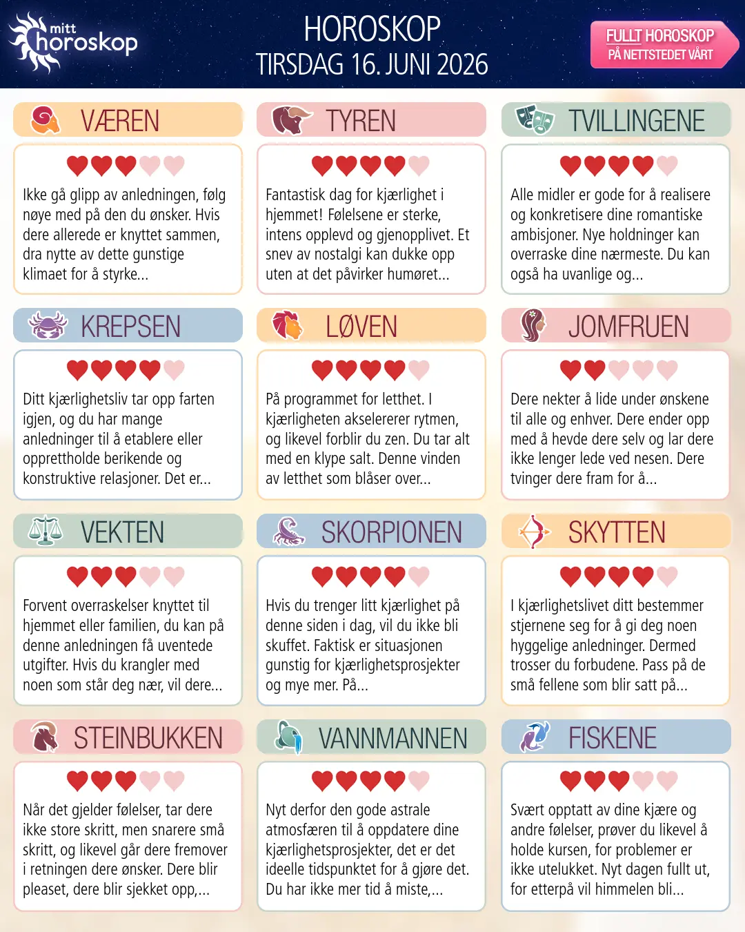Horoskop for tirsdag 16 juni 2026