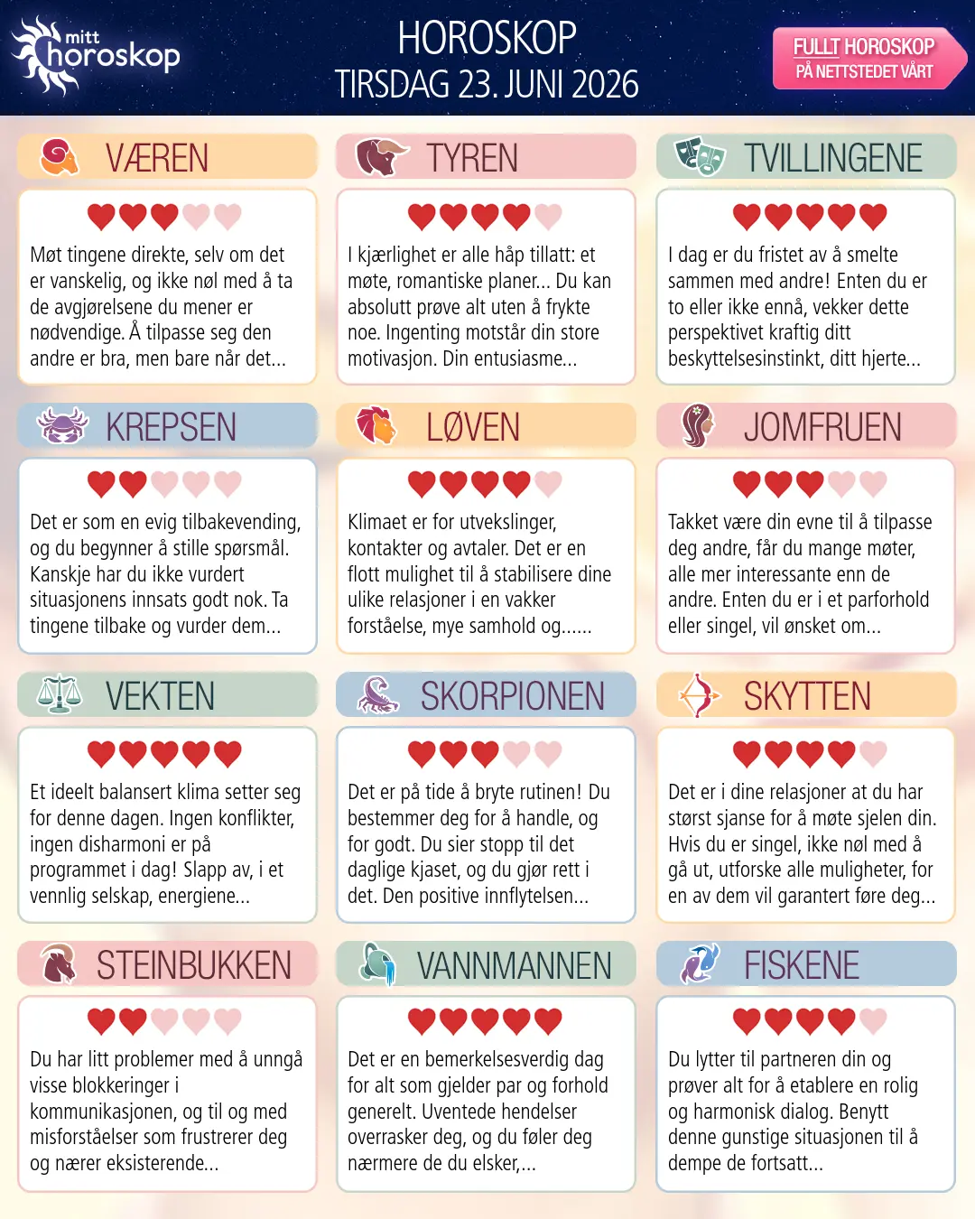 Horoskop for tirsdag 23 juni 2026