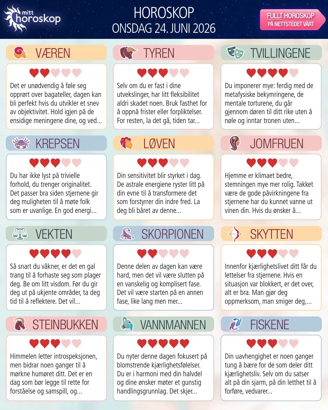 Horoskop for onsdag 24 juni 2026