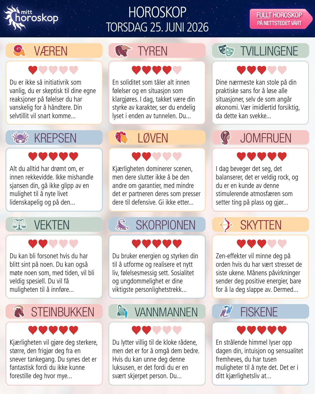 Horoskop for torsdag 25 juni 2026