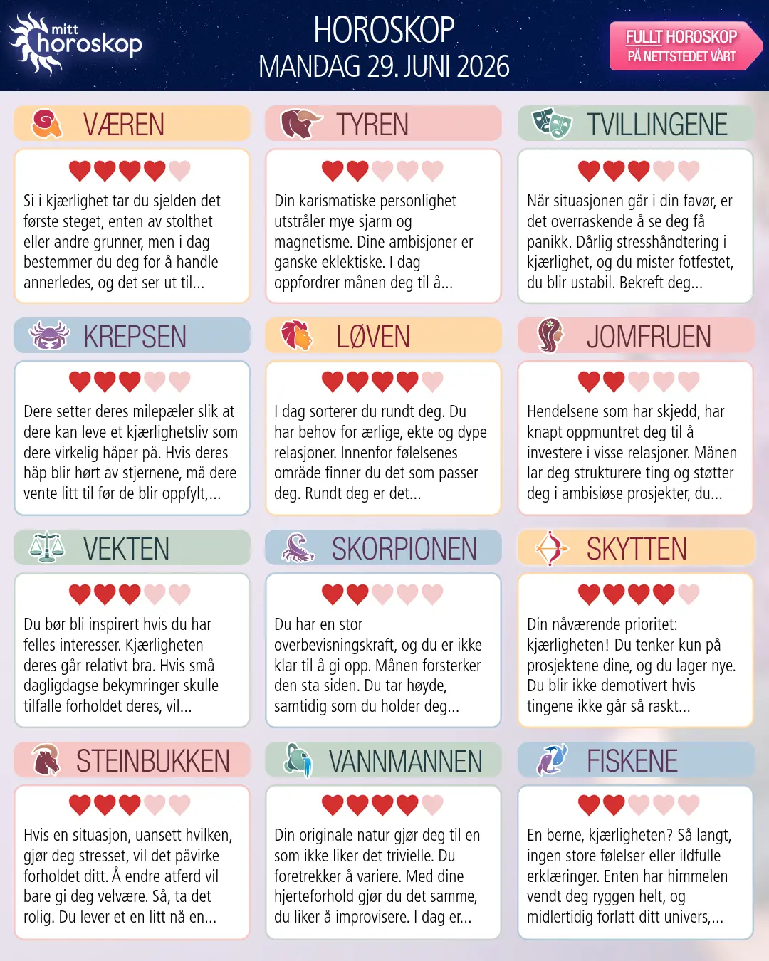 Horoskop for mandag 29 juni 2026