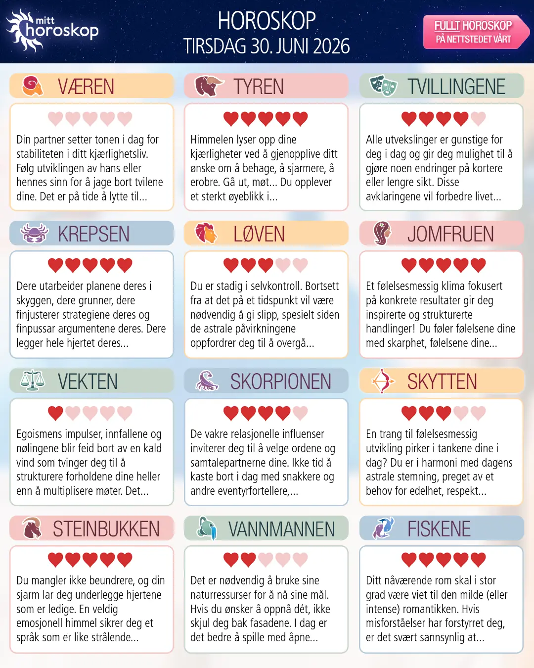 Horoskop for tirsdag 30 juni 2026