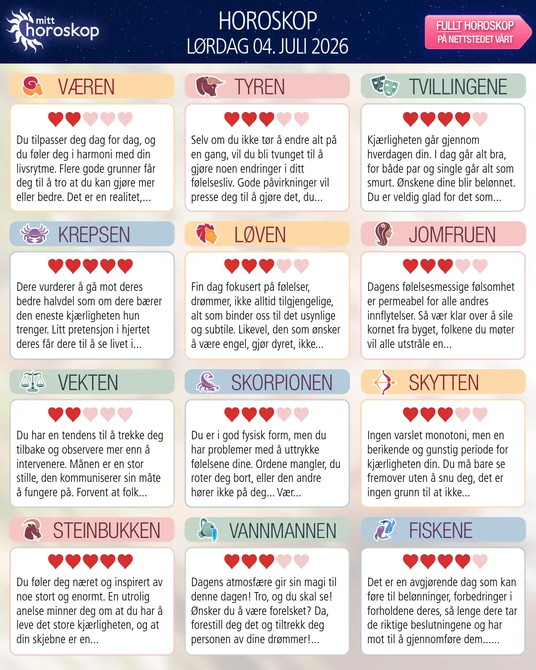 Horoskop for lørdag 4 juli 2026