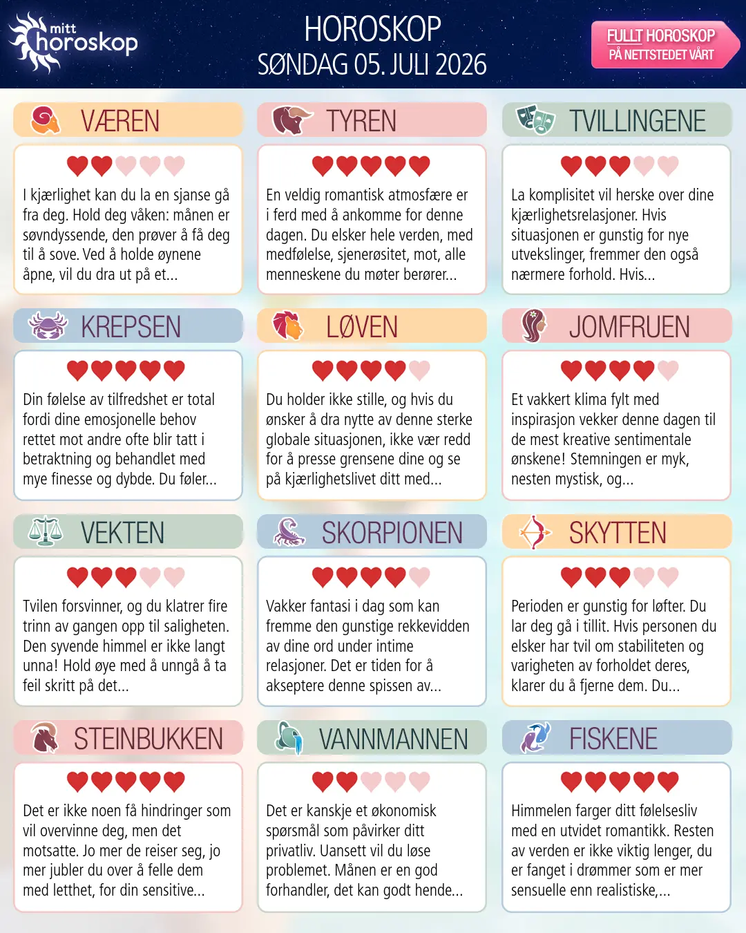 Horoskop for søndag 5 juli 2026