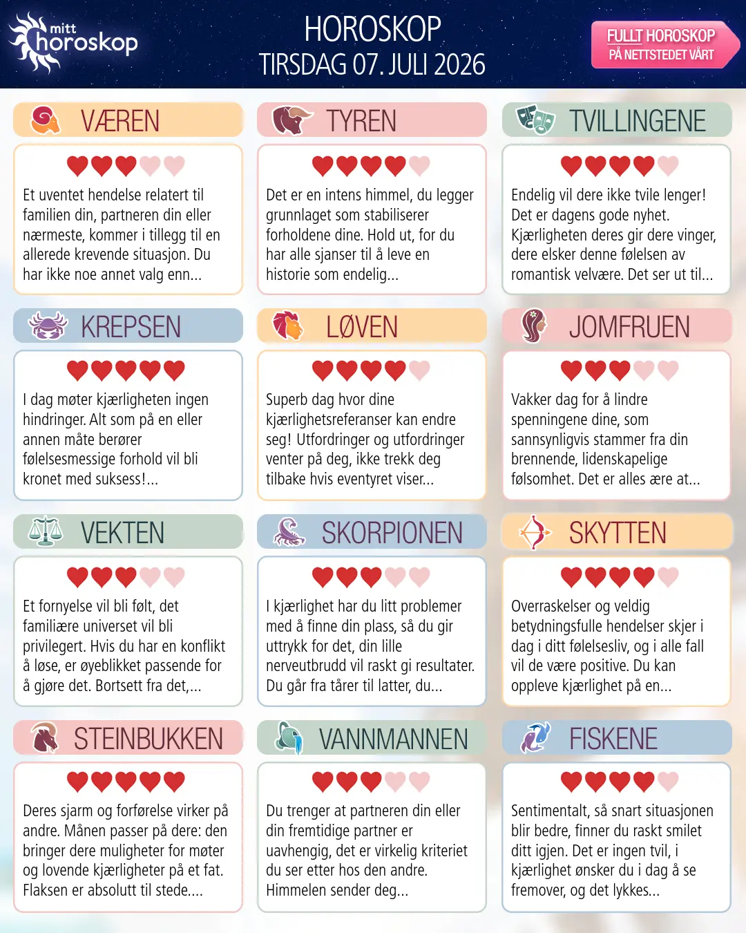 Horoskop for tirsdag 7 juli 2026