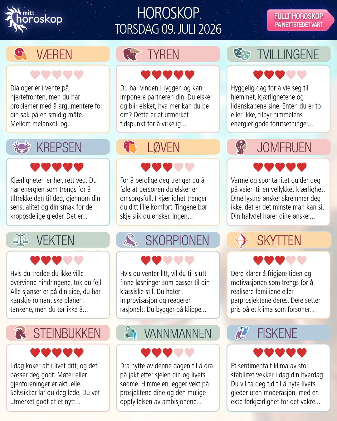 Horoskop for torsdag 9 juli 2026