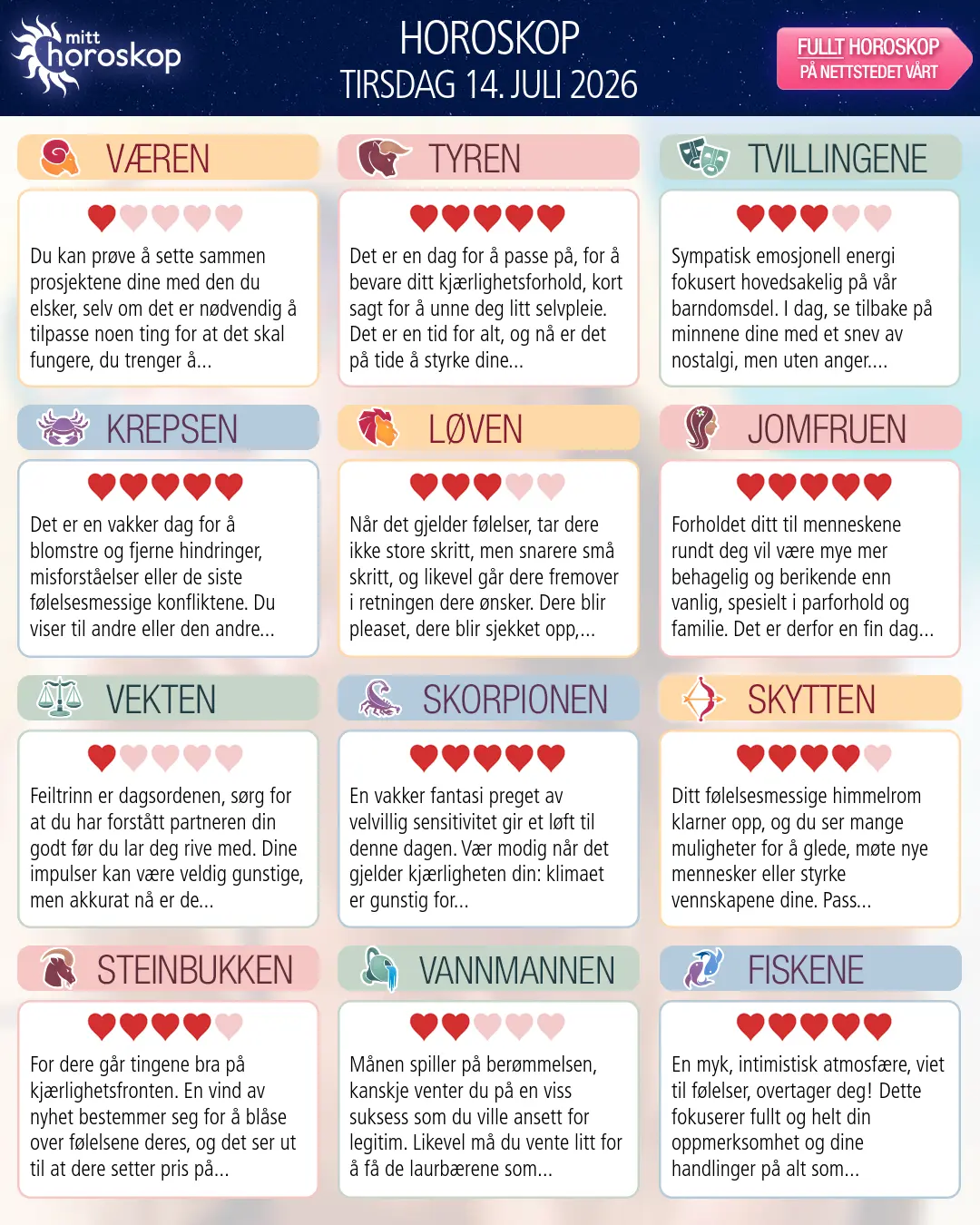 Horoskop for tirsdag 14 juli 2026