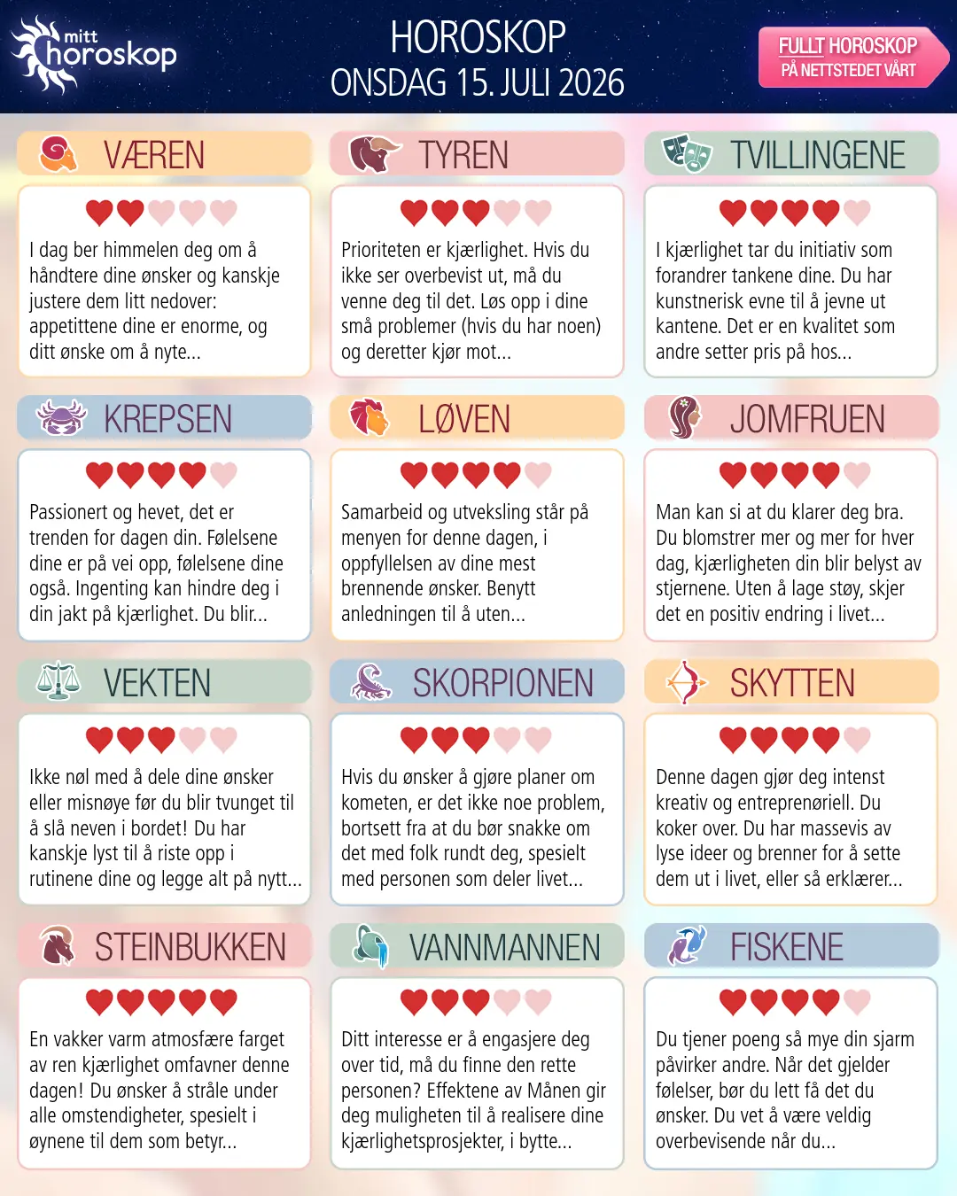 Horoskop for onsdag 15 juli 2026