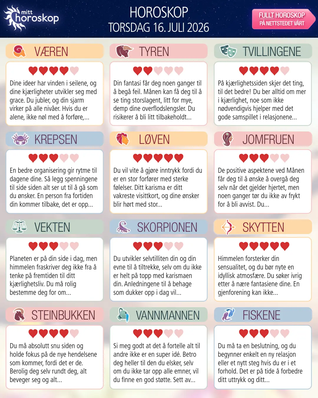 Horoskop for torsdag 16 juli 2026