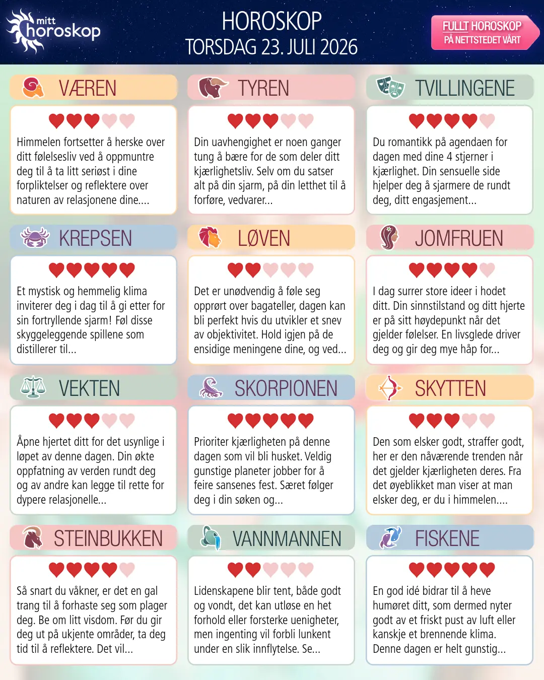 Horoskop for torsdag 23 juli 2026