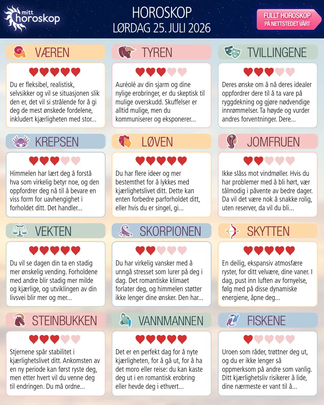 Horoskop for lørdag 25 juli 2026