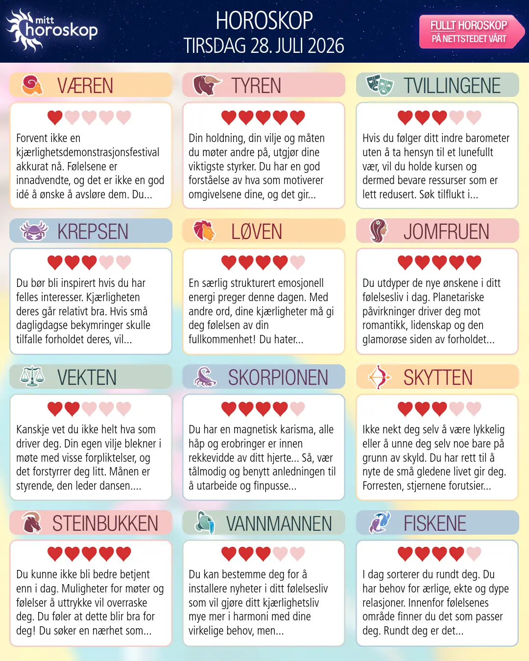 Horoskop for tirsdag 28 juli 2026