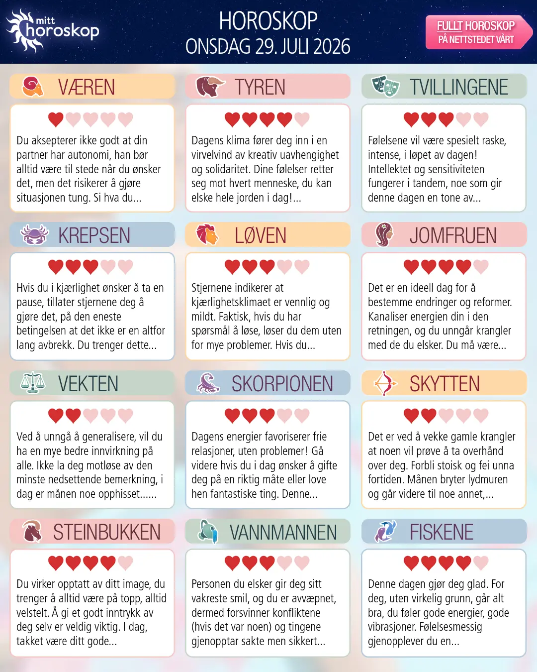 Horoskop for onsdag 29 juli 2026