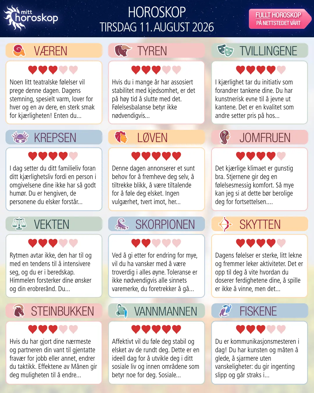 Horoskop for tirsdag 11 august 2026