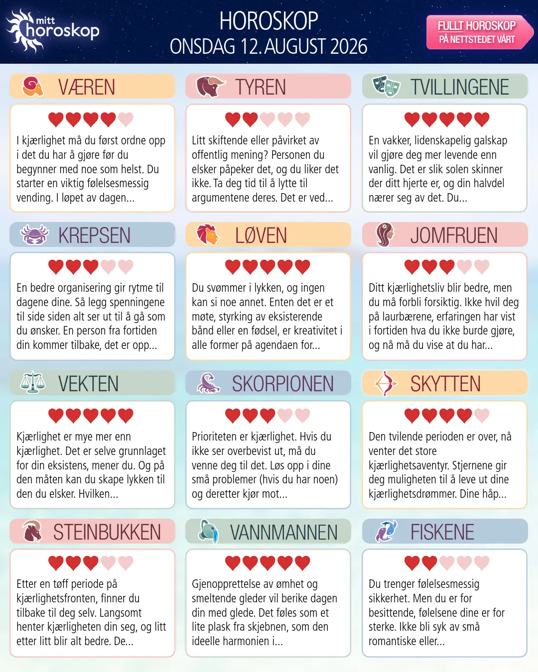 Horoskop for onsdag 12 august 2026