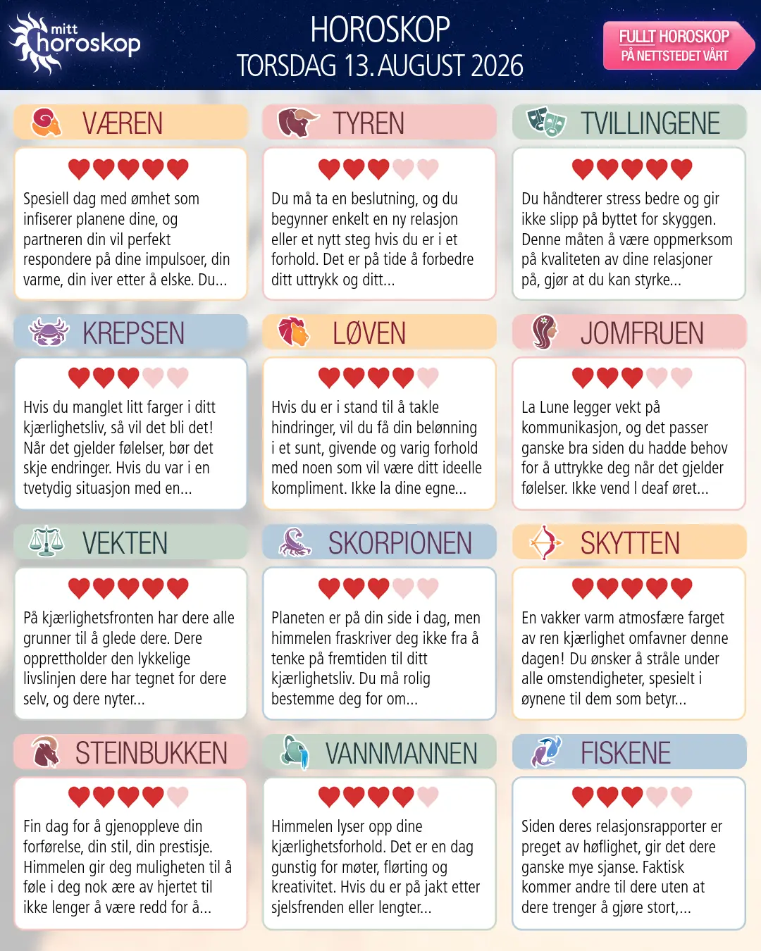 Horoskop for torsdag 13 august 2026