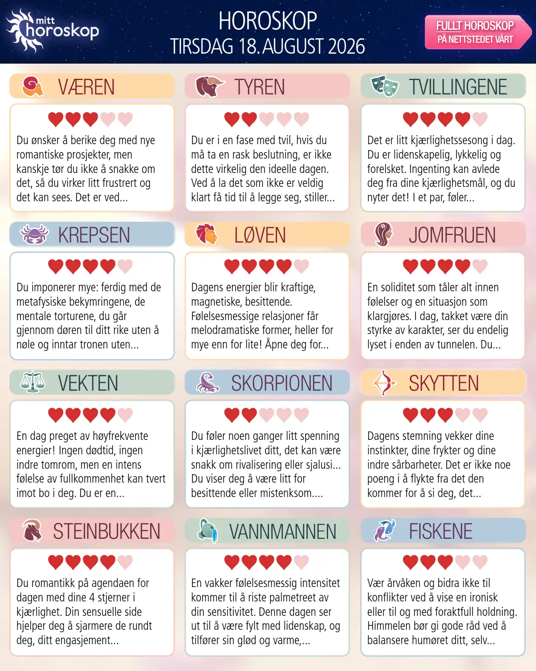 Horoskop for tirsdag 18 august 2026