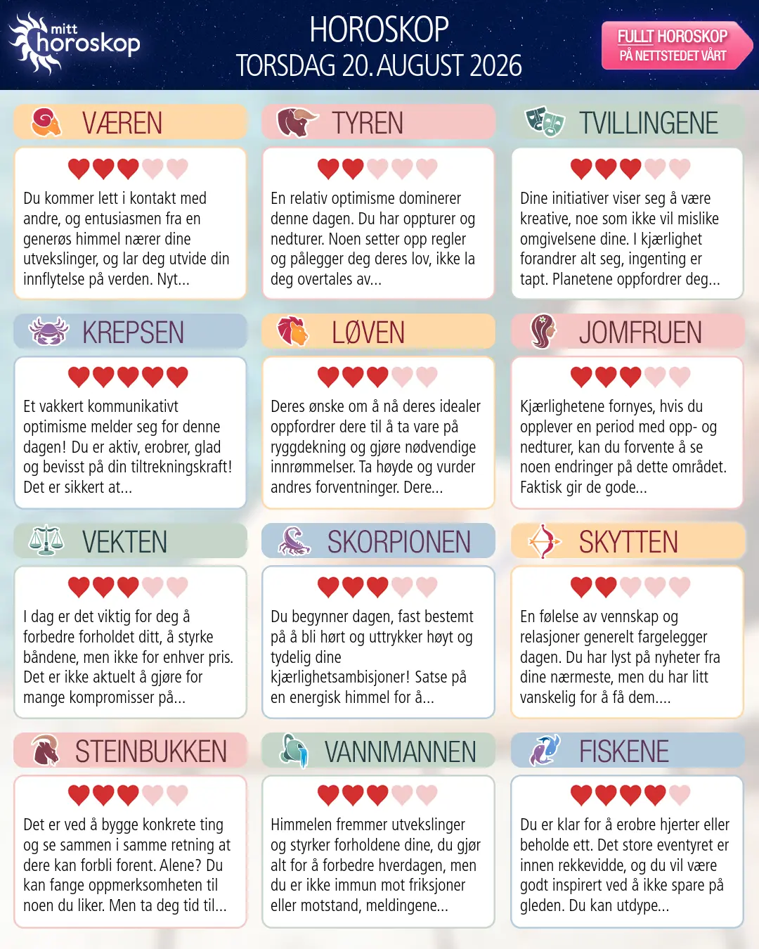 Horoskop for torsdag 20 august 2026