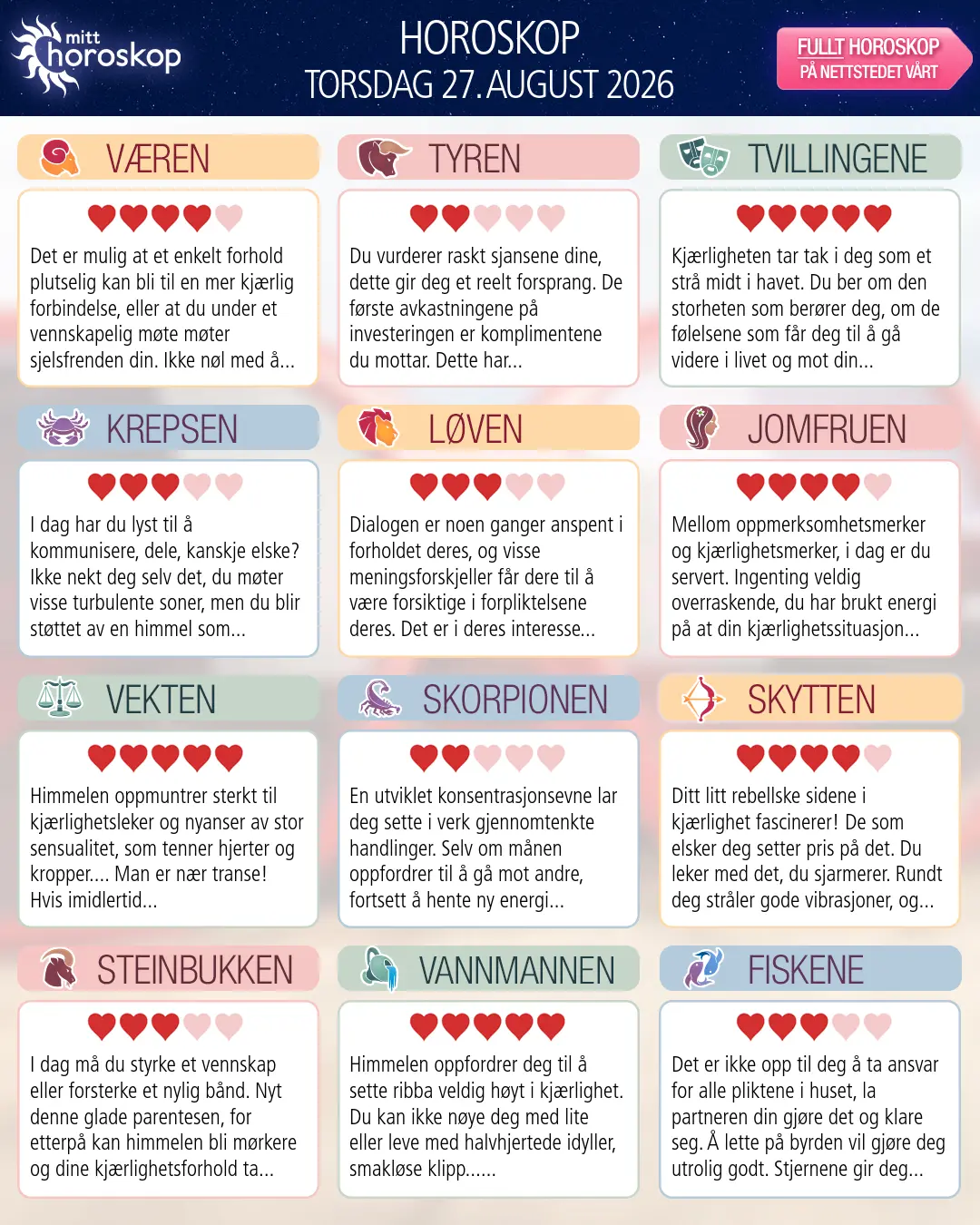Horoskop for torsdag 27 august 2026