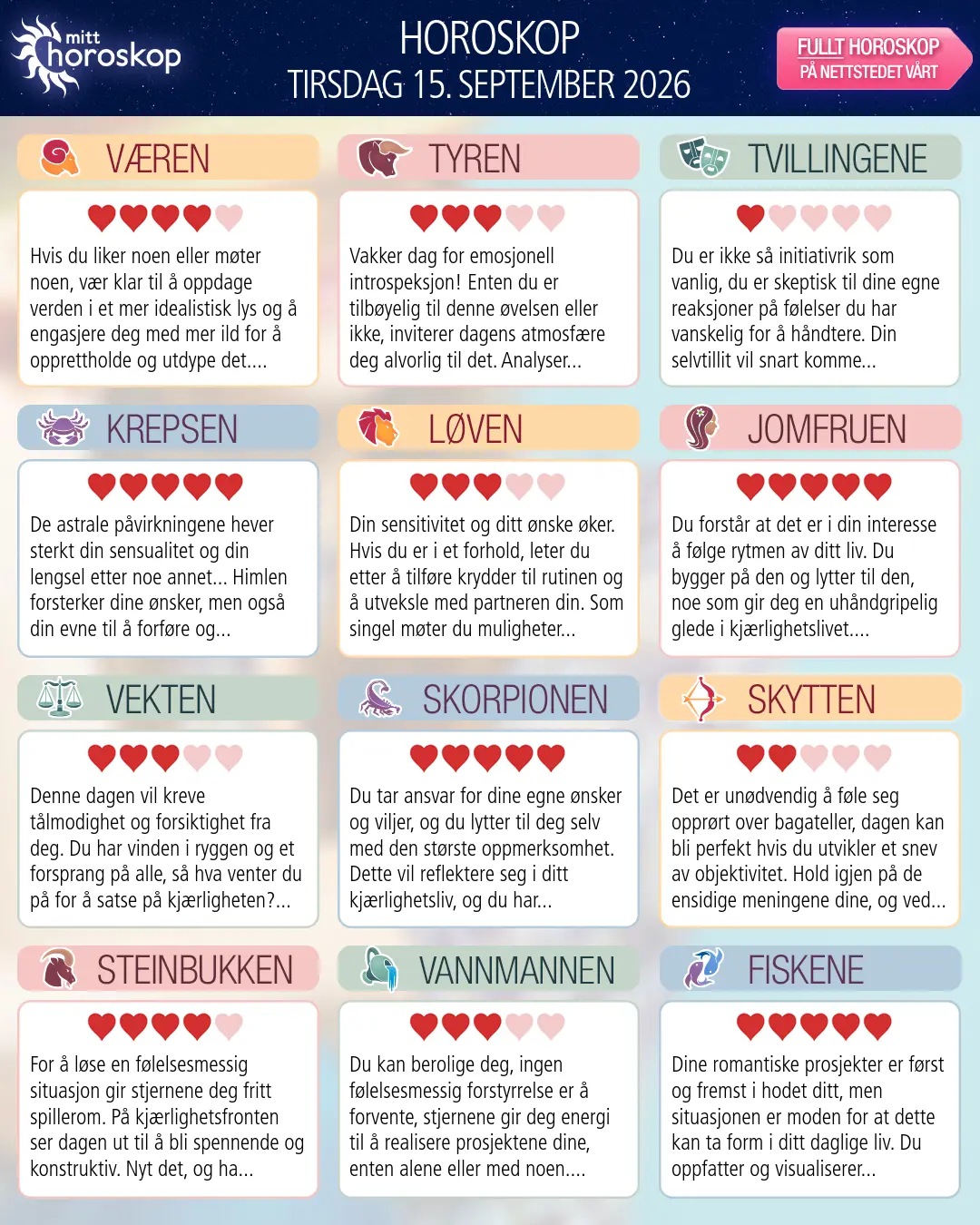 Horoskop for tirsdag 15 september 2026