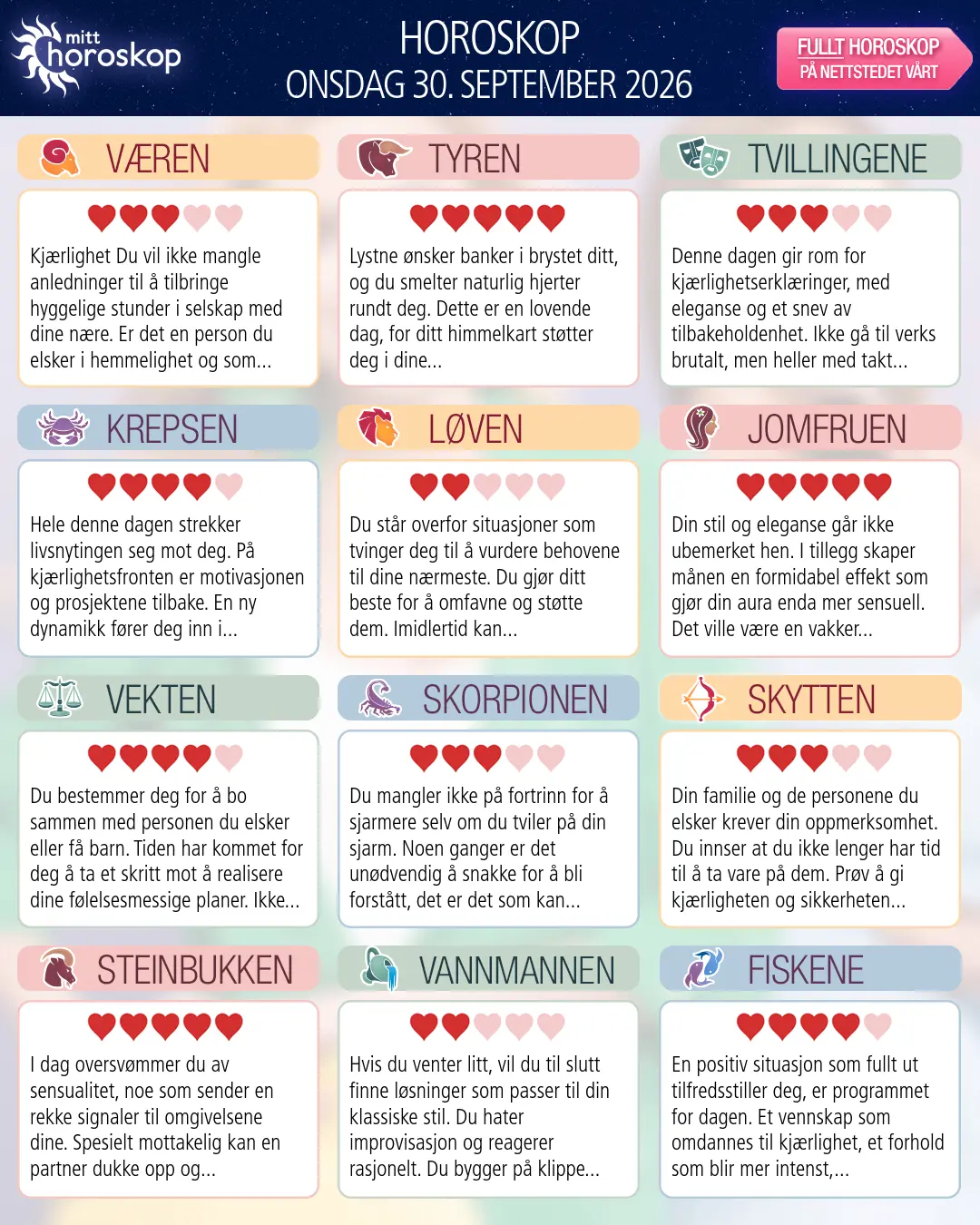 Horoskop for onsdag 30 september 2026