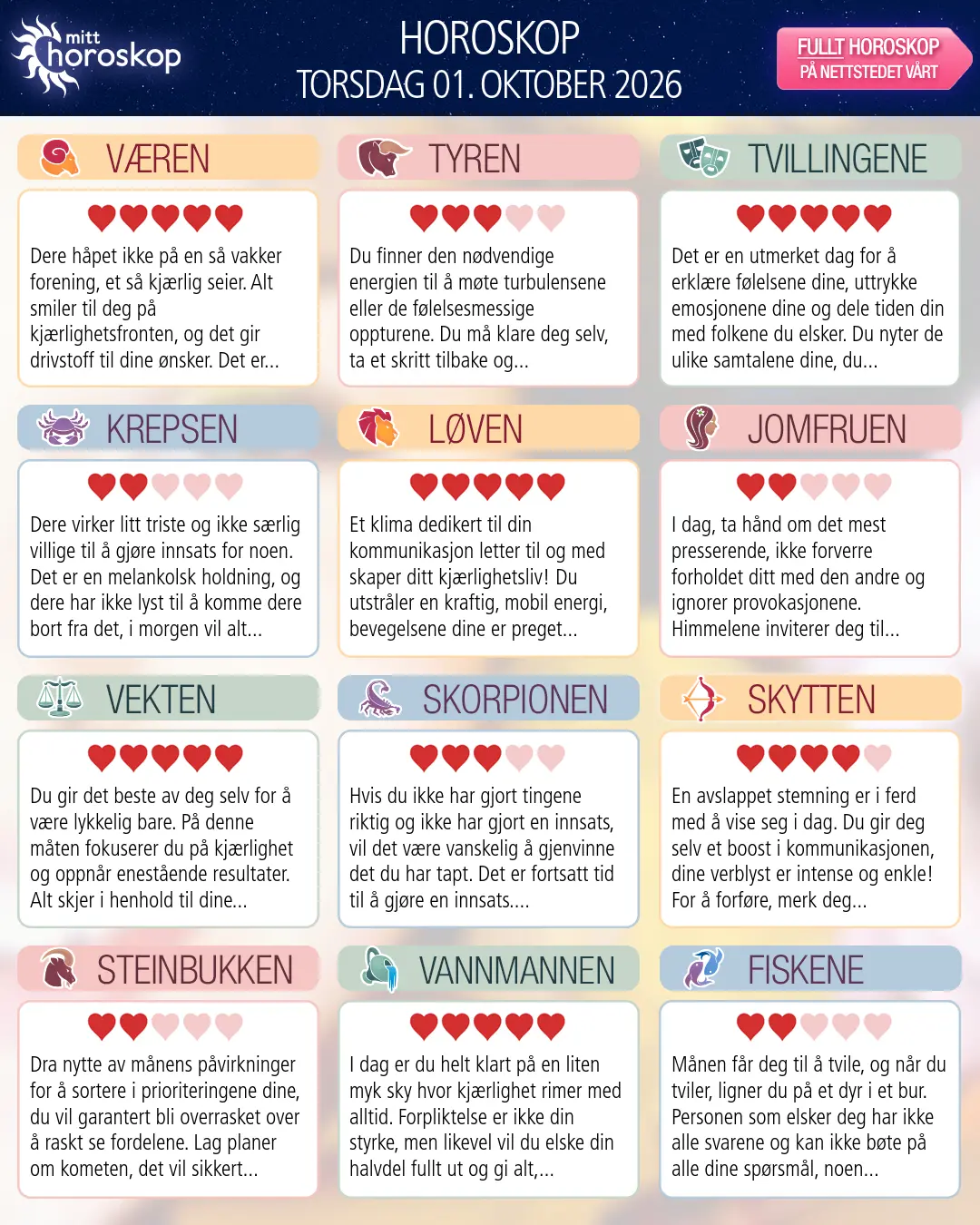 Horoskop for torsdag 1 oktober 2026