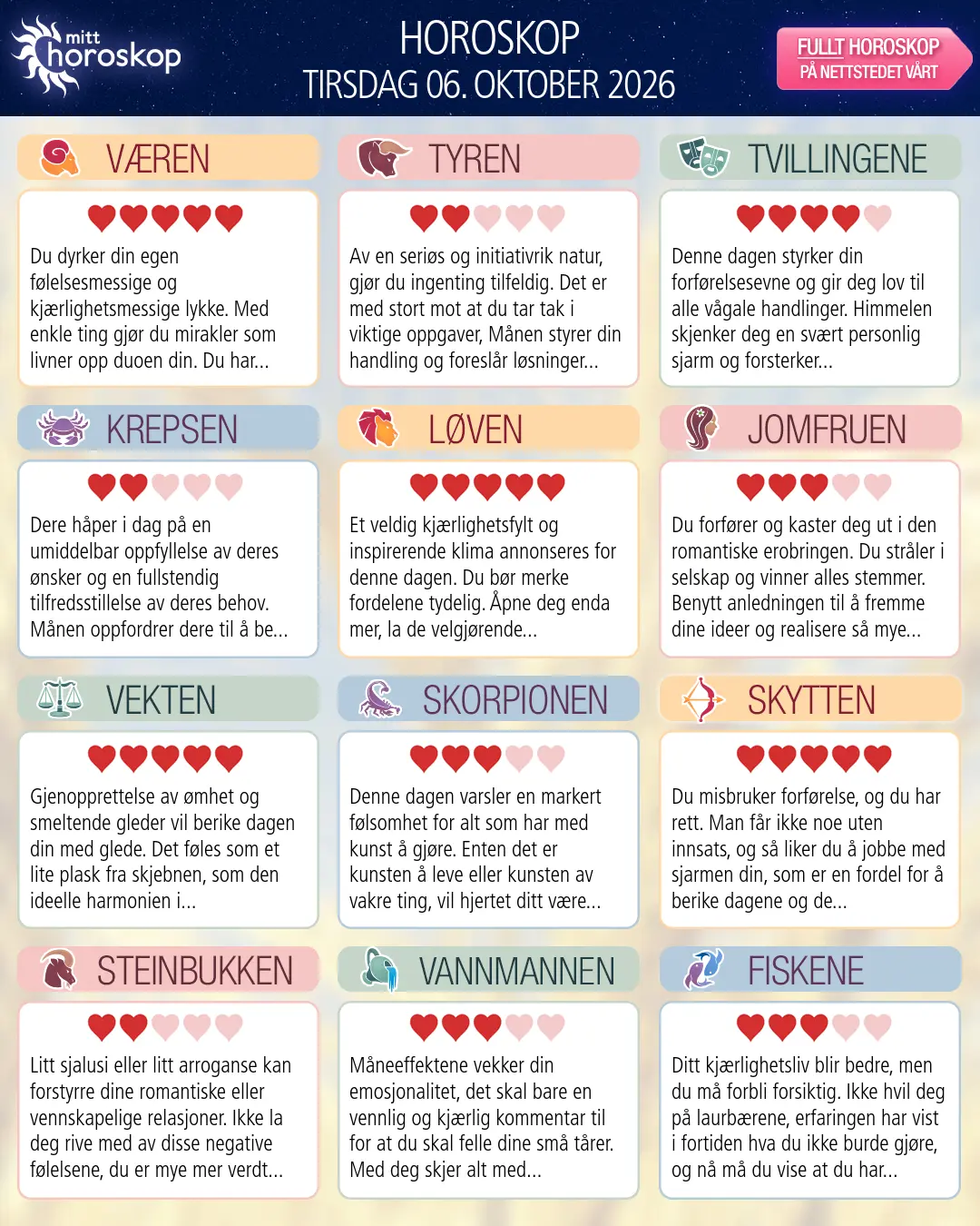 Horoskop for tirsdag 6 oktober 2026