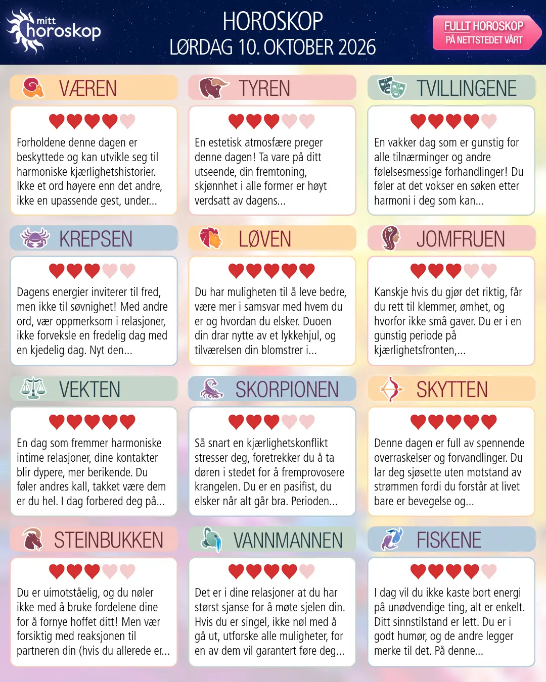 Horoskop for lørdag 10 oktober 2026