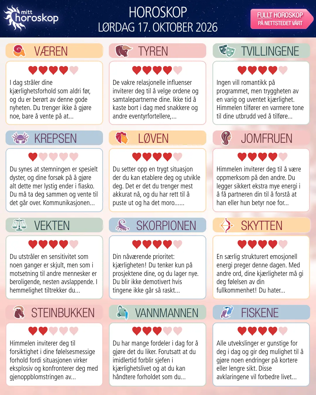 Horoskop for lørdag 17 oktober 2026