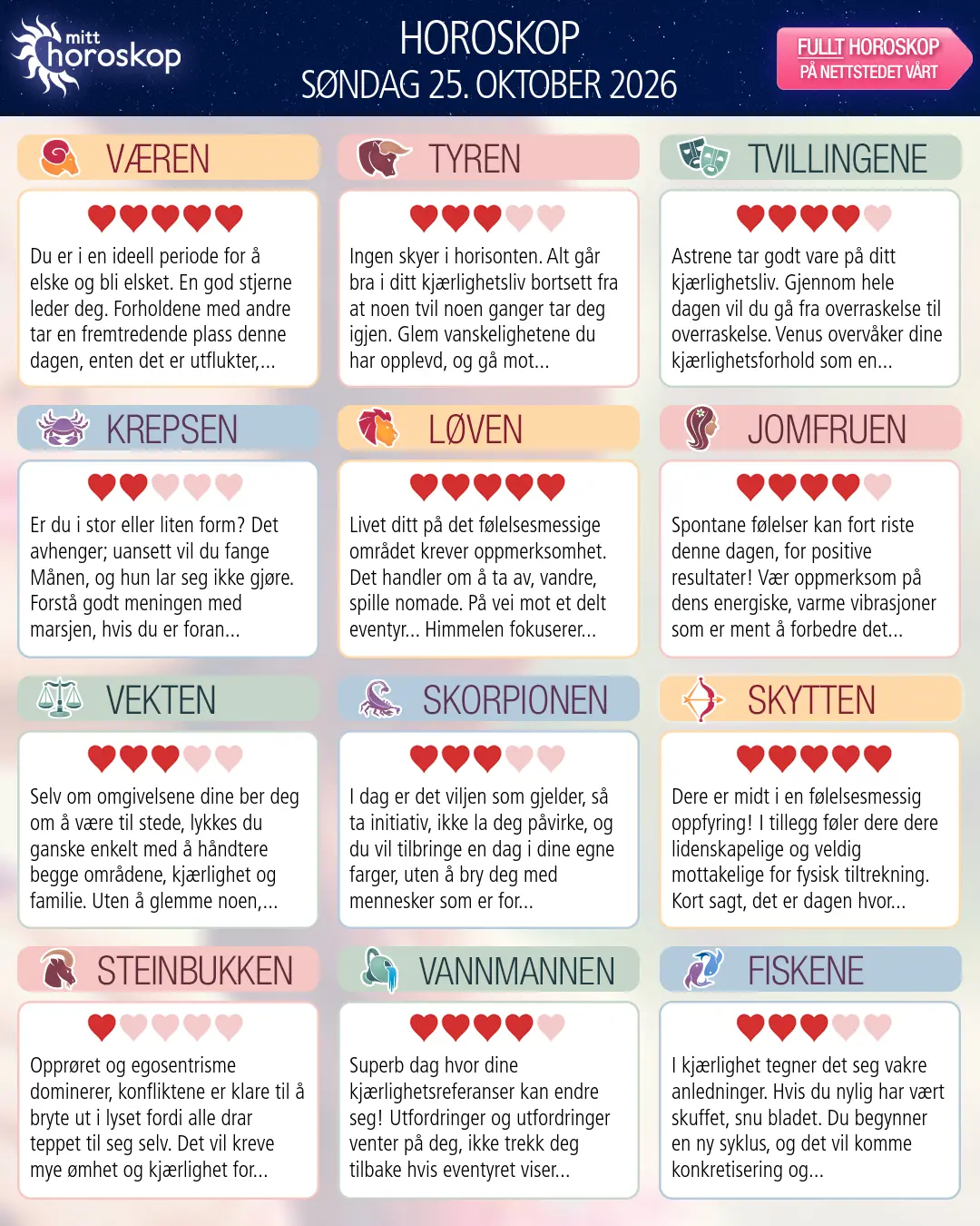 Horoskop for søndag 25 oktober 2026