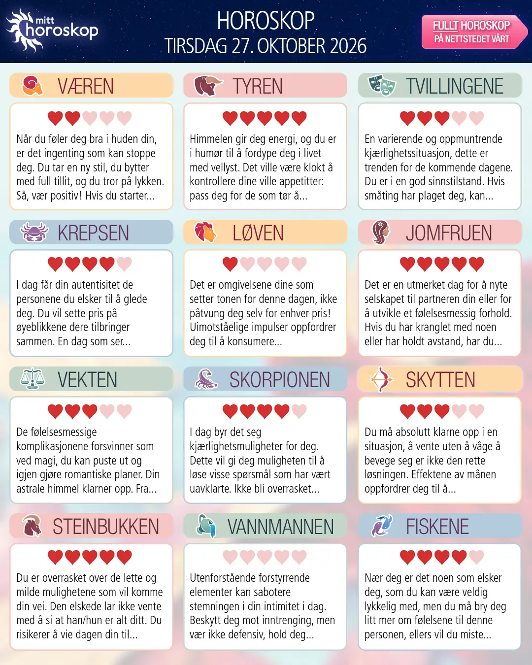 Horoskop for tirsdag 27 oktober 2026