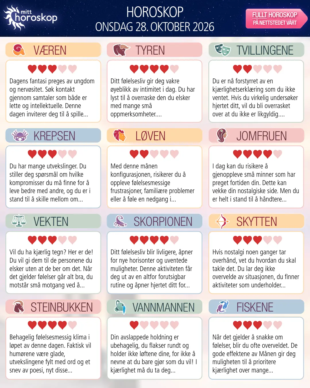 Horoskop for onsdag 28 oktober 2026