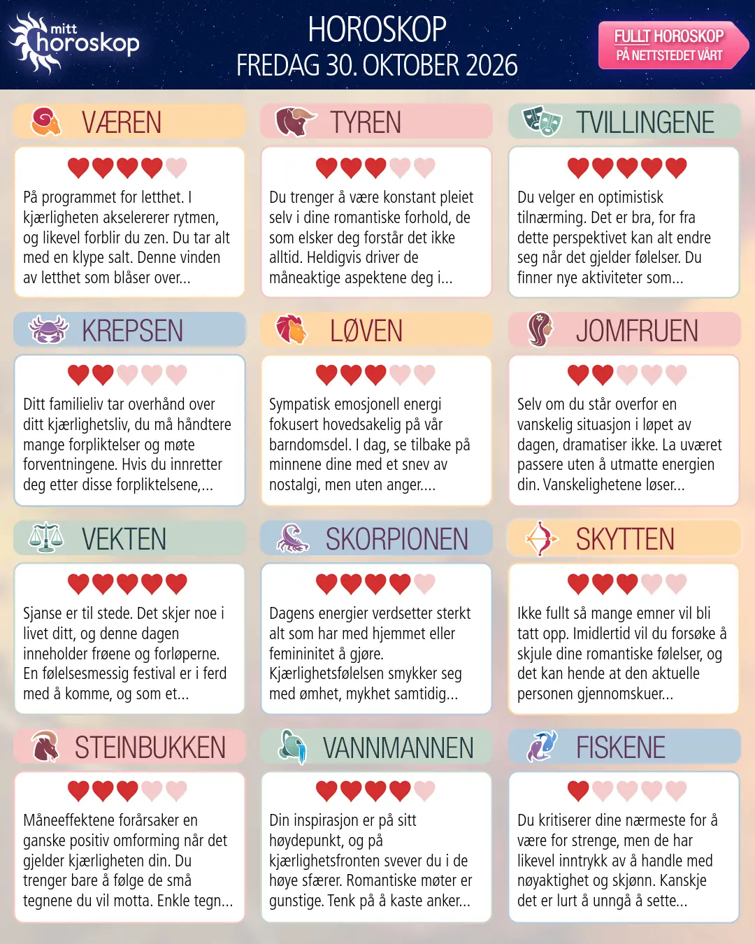 Horoskop for fredag 30 oktober 2026